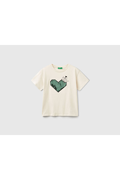 Benetton تي شيرت بناتي مطبوع ومطرز بالترتر