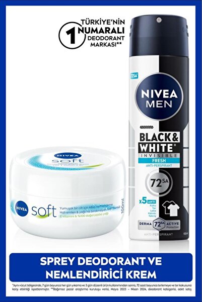 NIVEA MEN Erkek Sprey Deodorant Black&White Invisible Fresh 150ml ve Nemlendirici Vücut Bakım Kremi 100ml