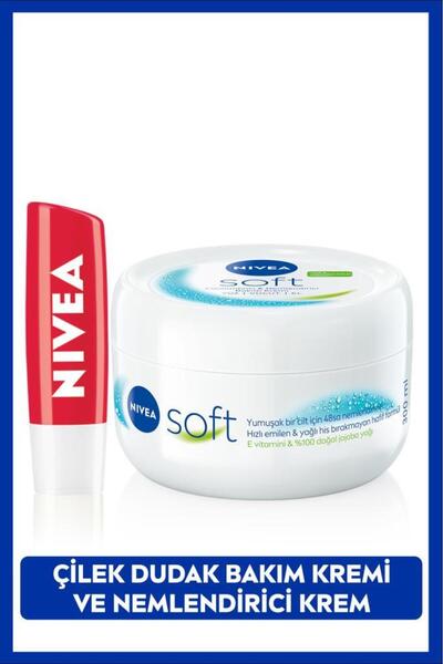 NIVEA Soft Krem 300ml ve Çilek Nemlendirici Dudak Bakım Kremi 4.8gr, Hafif Kırmızı Işıltı, Doğal Yağlar