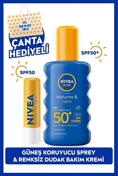 NIVEA SUN SPF50 Koruma Ve Nem Vücut Spreyi 200ml Ve Yüksek Güneş Korumalı Dudak Bakım Kremi, Çanta Hediye