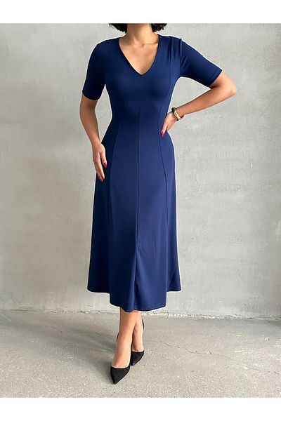 BEJNA Marineblaues, langes, weiches Damenkleid mit V-Ausschnitt und A-Linie