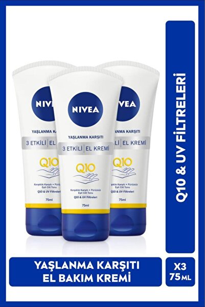NIVEA Q10 Yaşlanma Karşıtı 3 Etkili El Bakım Kremi 75ml, UV Filtresi, Nemlendirici, Eşit Cilt Tonu,X3 Adet
