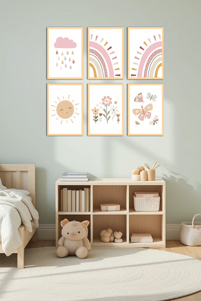 Lotus Digital Çiçekli Bohem Gökkuşağı Kelebekli Çocuk Odası Dekorasyon Süslem...