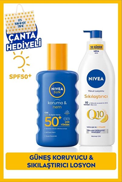 NIVEA SUN SPF50 Güneş Koruyucu Vücut Spreyi 200ml Ve Q10 Sıkılaştırıcı Vücut Losyonu 400ml, Çanta Hediye