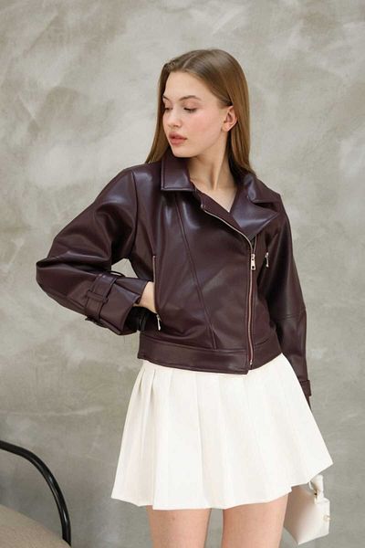 stcococix since 1990 Women's Clothing New Year Oversize Balloon Sleeve Burgundy Leather Jacket