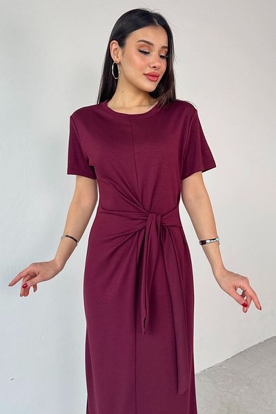 Cappmoda ELB-01771 Μπορντό κοντομάνικο μακρύ φόρεμα με κορδόνι