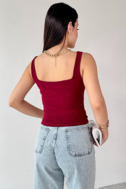 Cappmoda Blz-06280 Burgundy Square Neck Strap Blouse