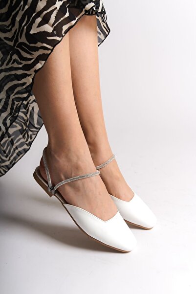 Zerenyus Carolıne Elastic Orthopedic Comfortable Sole Ankle Stone Detailed Women's White Ballerinas