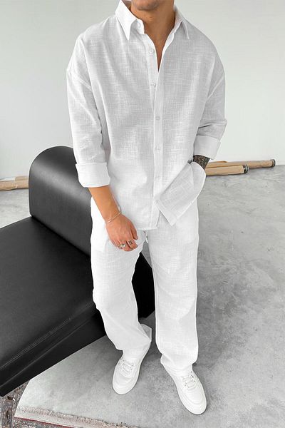 HAFKAGİYİM Λευκό Premium Λινό Basic Oversize Πουκάμισο