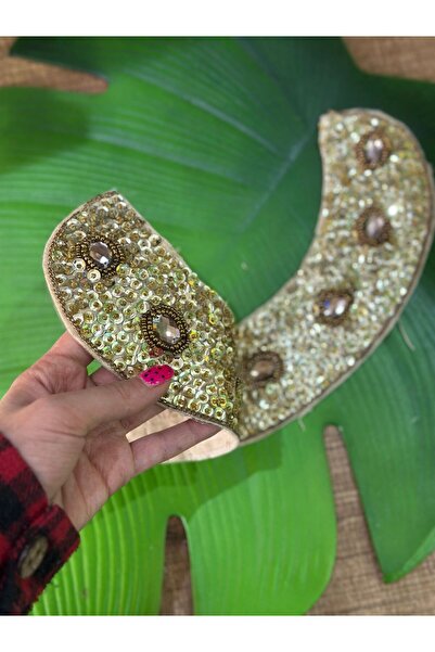 Gönülden Tasarım SARI PUL İŞLEME TAŞLI YAKA DİKİŞ AKSESUARI APLİKE 25X6 CM