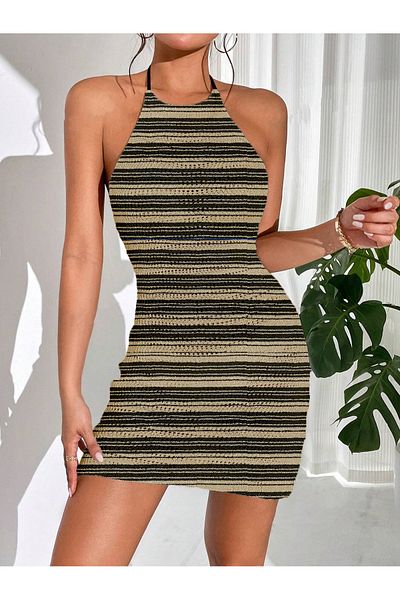my cherie Colorful Striped Patterned Summer Knitwear Backless Pareo Dress