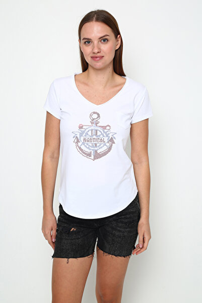 Oasis v-подібний комір, облягаючий крій, овальні кишені, принт у вигляді якоря, жіночий футболка