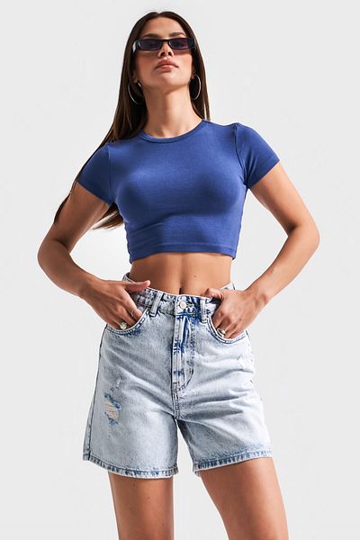 its basic Blue Color 12S5-3 Mom Fit Midi Denim Short with Laser Detail