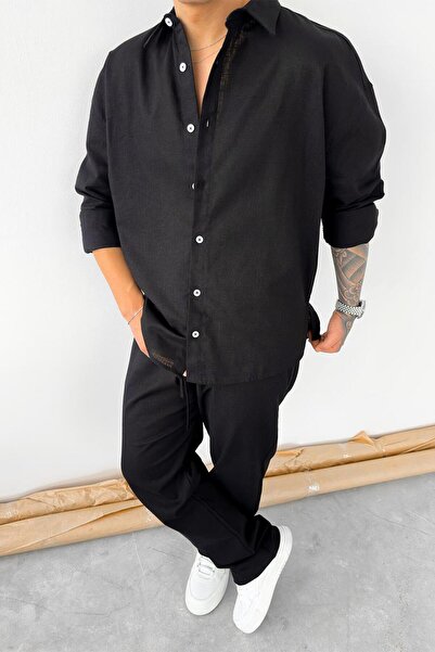 HAFKAGİYİM Black Premium Linen Basic Oversize Shirt