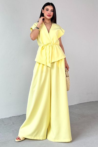 Cappmoda Tkm-03676 Yellow Padded Vest Palazzo Trousers Polyviscon Fabric Double Suit