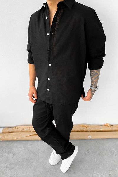 HAFKAGİYİM Μαύρο Premium λινό Basic Oversize πουκάμισο