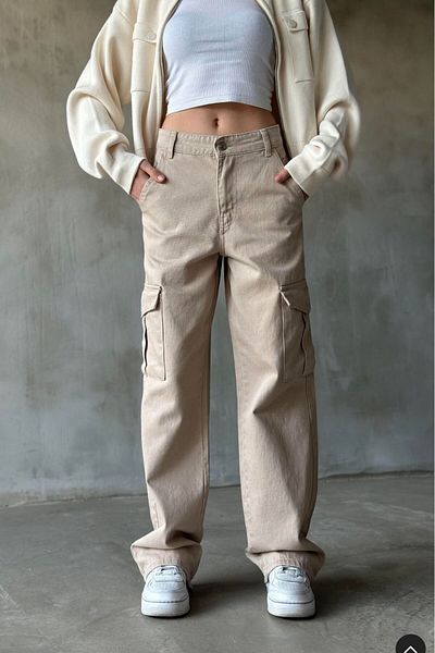 QİSSO Beige Cargo Pocket Palazzo Wide Leg High Waist Loose Leg
