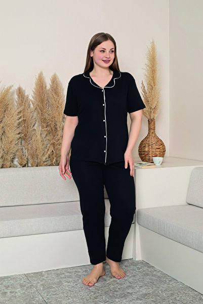 Sude HOMEWEAR Women's Large Size Black and White Mid-Tube Front Buttoned Pajama Set