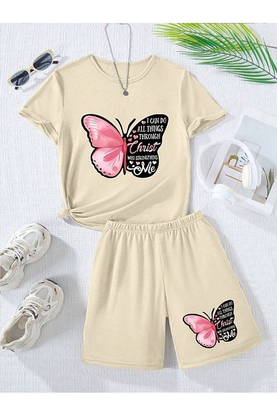 PENTHİLUS Girls Butterfly Print Short Sleeve T-Shirt and Shorts Set