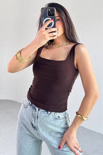 Cappmoda BLZ-06280 Καφέ τετράγωνο γιακά μπλούζα με λουράκι