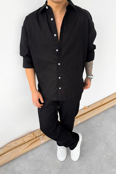 HAFKAGİYİM Μαύρο Premium λινό Basic Oversize πουκάμισο