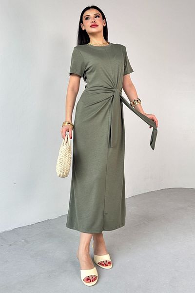 Cappmoda ELB-01771 Χακί Μακρύ Φόρεμα με κοντό μανίκι