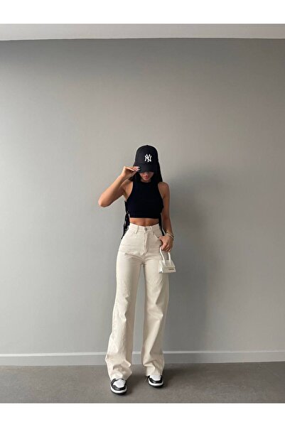 QİSSO Κρεμ φαρδύ γυναικείο παντελόνι Palazzo με εξαιρετικά ψηλόμεσο Star