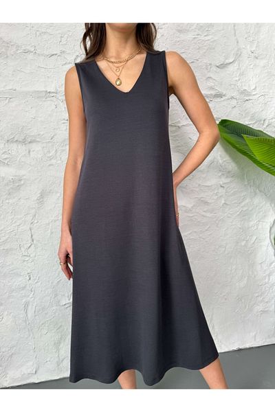 Elif Özbey Butik Anthracite Zero Sleeve Modal Dress