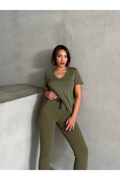 Look Forward Women's Haki Thsirt Khaki Pocket Elastic Leggings Suit