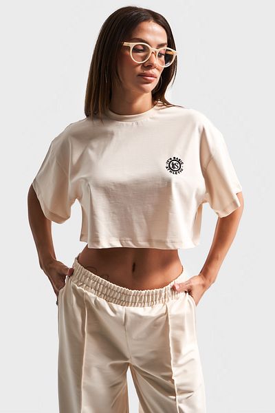 its basic Beige Color Women's Bottom Top Set - Knitted Fabric Tracksuit T-Shirt