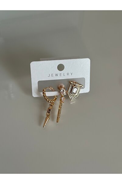 Maide Jewelry Çelik Gold Küpe Seti 3'lü Kararmaz Vip