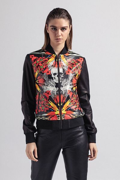 Deriderim Red Skull Printed Women's Genuine Leather Jacket
