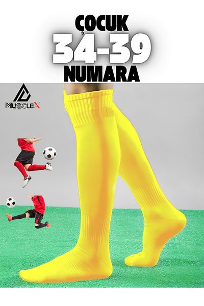 Musclex Spor Tekstil Жълти детски футболни чорапи за мачове 34-39, футболни клинове, футболни чорапи за трева, дълги чорапи Anch