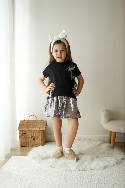 Lolliboomkids Girl's Silver Color Shiny Disco Fabric Balloon Skirt Star Printed T-Shirt Cotton Bottom Set