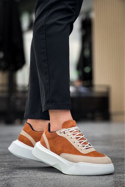 EBRUS TREND Et0354 Daily Lace-Up Men's High Sole Cream Detailed Tan Suede Sports Shoes