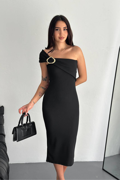 Neşeli Butik γυναικείο φόρεμα μίντι με λεπτομέρεια ώμου από λύκρα NBK4196