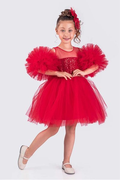 vestitino Girl's Evening Dress with Pompom Sleeves and Sequined Tutu