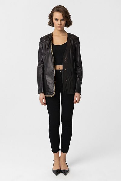 Deriderim Black Avril Chain Detailed Women's Genuine Leather Jacket