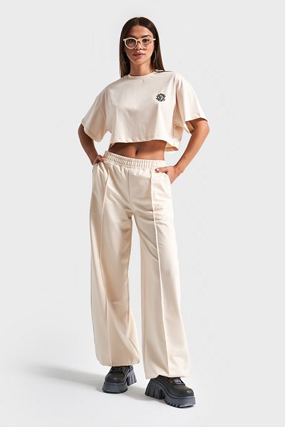 its basic Beige Color Women's Bottom Top Set - Knitted Fabric Tracksuit T-Shirt