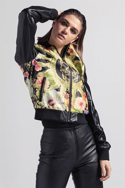 Deriderim Black Yellow Skull Printed Women's Genuine Leather Coat with Ribbed Waist and Sleeve