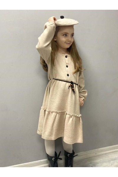 s.t. sebat tekstil Şapkalı Kışlık Kaşe Kız Çocuk Elbise SB559