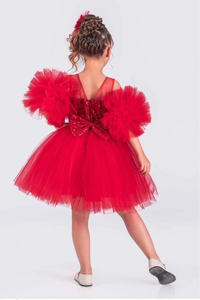 vestitino Girl's Evening Dress with Pompom Sleeves and Sequined Tutu