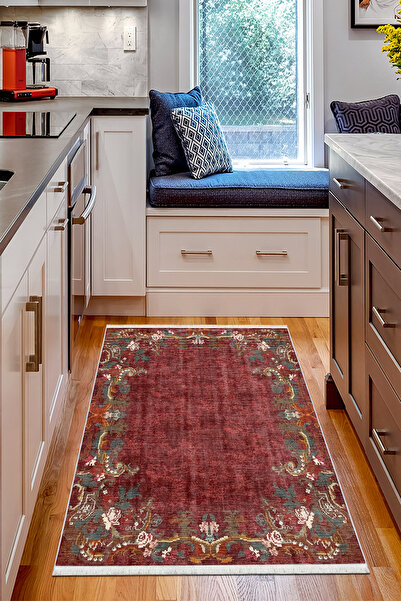 CENTER AVM Kırmızı Mutfak Halısı Makinede Yıkanabilir Halı Kaymaz Taban Halı