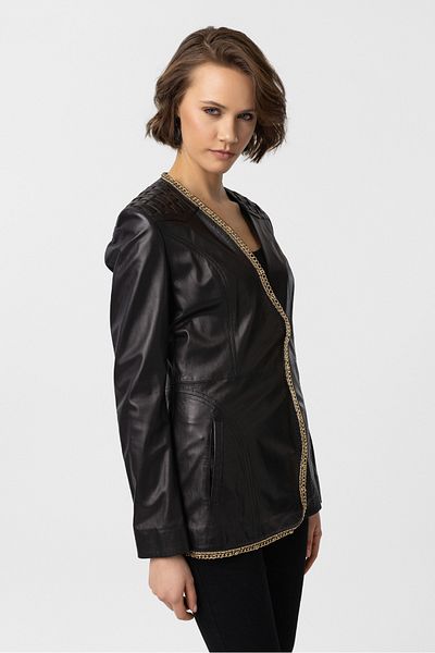 Deriderim Black Avril Chain Detailed Women's Genuine Leather Jacket