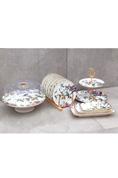 Pinkev 11 Piece Bird Patterned Ceramic Cake Presentation Plate Set