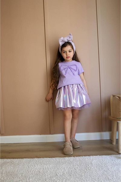 Lolliboomkids Girl's Lilac Color Shiny Fabric Tutu Balloon Skirt Bow Embroidered T-Shirt Cotton Bottom Suit
