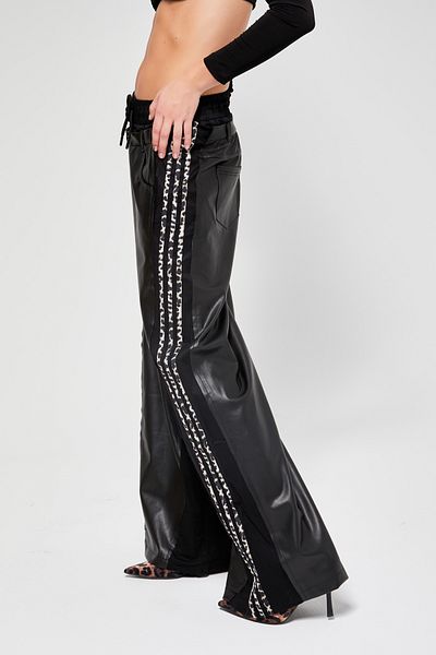 its basic Women's Black Color Leather Fabric Mixed Striped Design Trousers