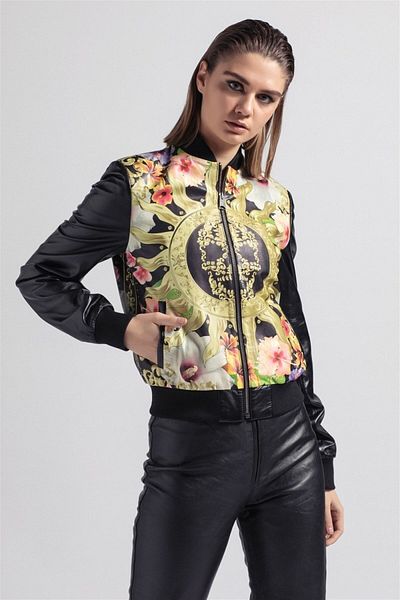 Deriderim Black Yellow Skull Printed Women's Genuine Leather Coat with Ribbed Waist and Sleeve