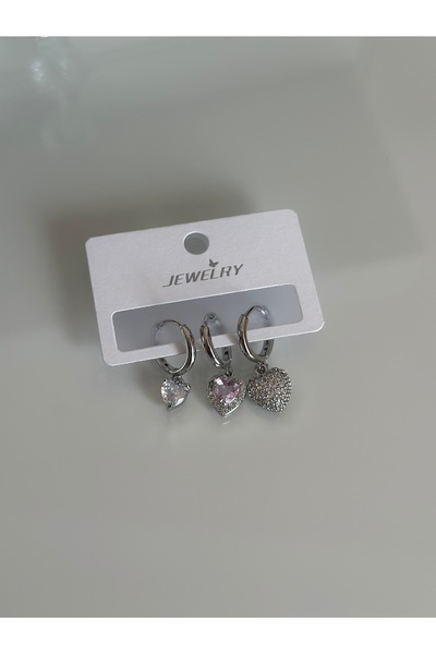 Maide Jewelry Çelik 3'lü Sallantılı Gümüş Kalpli Küpe Kadın Zarif Çelik