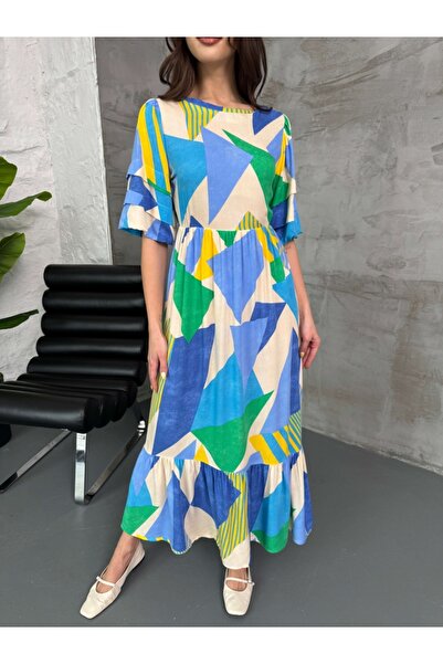 Elif Özbey Butik Blue Balloon Sleeve Geometric Pattern Dress